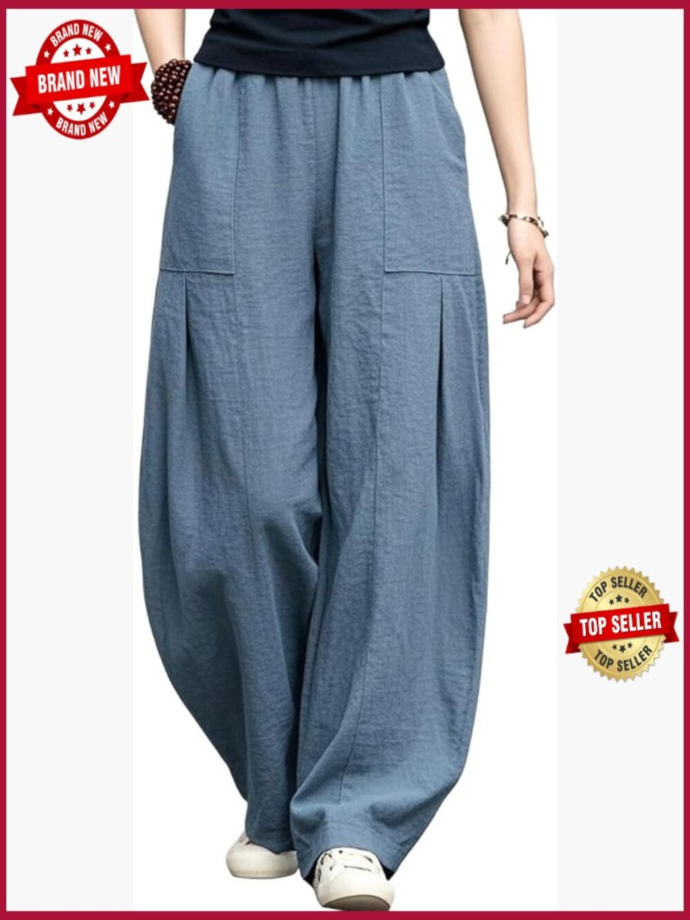 Wide Leg Casual Linen Pants Elastic Waist Trousers